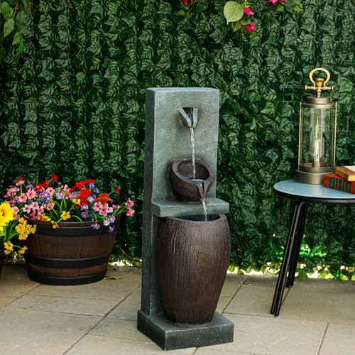 Alpine Corporation TZL388 32" 3 Tier Jar Fountain with LED Lights, Elegant Outdoor Water Feature for Garden, Patio, Backyard, Home Décor, Ceramic Water Fountain & Landscape Decorations, Gray - style: 32"H - Gray 3-Tier Jar Fountain w/ LEDs