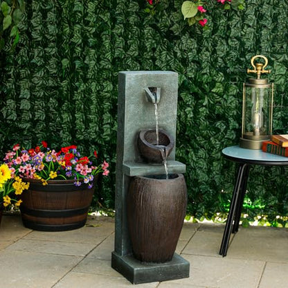 Alpine Corporation TZL388 32" 3 Tier Jar Fountain with LED Lights, Elegant Outdoor Water Feature for Garden, Patio, Backyard, Home Décor, Ceramic Water Fountain & Landscape Decorations, Gray - style: 32"H - Gray 3-Tier Jar Fountain w/ LEDs