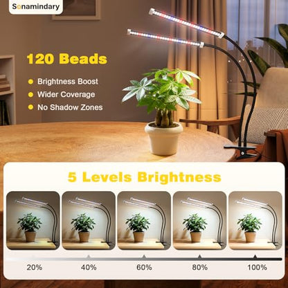 Grow Light for Indoor Plants, 120 LEDs Full Spectrum 5700K Plant Lamp with Red Blue White Light, 5-Level Dimmable, 4/8/12H Timer, Adjustable Clamp Stand(Dual Head) - size: Clip-2Head