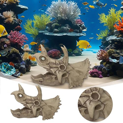 6 Inch Realistic Dinosaur Skull Aquarium Decor - Triceratops Resin Decor with Hideout Holes for Fish Tanks, Reptile Terrariums & Aquatic Habitats, Safe Underwater & Dry Habitat Ornament (A)