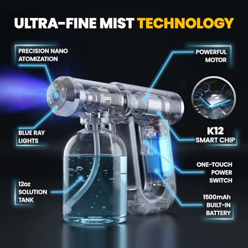 Professional K12 Nano Spray Gun with Blue Light, Atomizer Sprayer & Nano Steam Hair Mister Spray Bottle, Cordless & Rechargeable Barber Spray Gun, Home, Salon, Office & Travel Fine Mist Spray, Black - color: Black