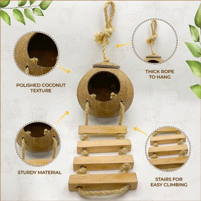 Hermit Crab, Hamster Coconut Cave Hide with Ladder, Reptile & Snake Natural Coco Shell Hut Hideout, Gerbils Mice Small Animals House Pet Cage Habitat Decor, with Sticky Wall Hook - style: Large