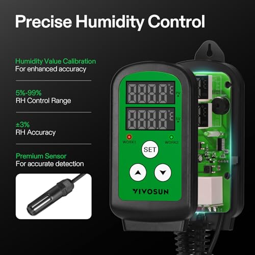 VIVOSUN 1500W Digital Temperature Controller and Humidity Controller, 1500W Dual-Stage Outlet, Pre-Wired Digital Humidistat with Dual LED Displays for Humidifier/Dehumidifier/Fan