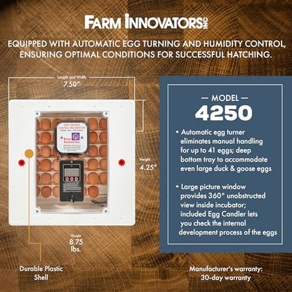 Farm Innovators 41 Egg Digital Circulated Air Incubator w/Auto Turning & Humidity Control - Automatic Incubating Machine for Hatching Chicken Eggs and Poultry Farming