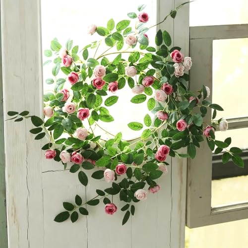 5.7FT Artificial Rose Floral Vines, Vine Wall-Mounted Plants, Decorative Flower Pipe Cover for Outdoor Garden, Faux Rose Vine Decoration, Bendable Wreath Garland for Home Weddings Party (Pink, 2Pcs) - color: Pink, 2pcs