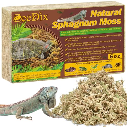 ZeeDix 6 OZ Long Fiber Sphagnum Moss for Reptiles, 8QT Natural Dried Terrarium Reptile Moss Bedding Substrate for Leopard Gecko, Tortoise, Snakes, Frogs, Ball Python & Other Reptiles - size: 6 OZ