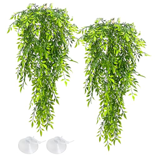 Hamiledyi Reptile Plants Hanging Terrarium Plants 2 Pack Fake Artificial Leaves with Suction Cup for Snake, Lizard, Chameleon (Bamboo Leaf) - color: 2 Pcs 29.9 Inches Green Reptile Plants