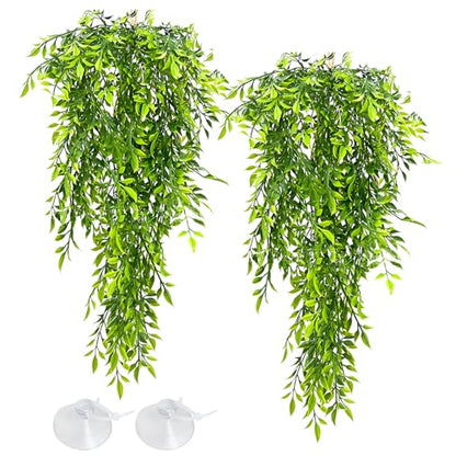Hamiledyi Reptile Plants Hanging Terrarium Plants 2 Pack Fake Artificial Leaves with Suction Cup for Snake, Lizard, Chameleon (Bamboo Leaf) - color: 2 Pcs 29.9 Inches Green Reptile Plants
