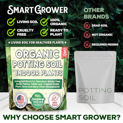 Organic Potting Soil for Indoor Plants. Boost House Plant Growth for Monstera, Fiddle Leaf, Money Tree, Pothos, Snake Plant, Aroid, Flowers, Herbs, Veggies, & More, Smart Grower 3 LB Ready to Plant