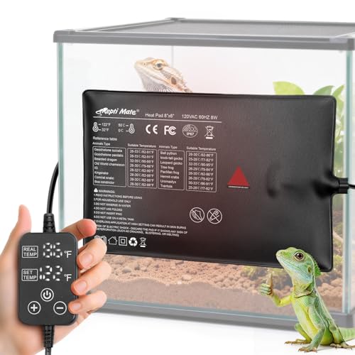 Reptile Heating Pad with Internal Sensor&Thermostat, 8" x 6" 8W Under Tank Heater Mat for 10-20 Gallon Tanks, IP67 Waterproof Safe Heat for Turtles, Bearded Dragons, Snakes, Lizards and Seedling - size: 6”x 8” (8W)