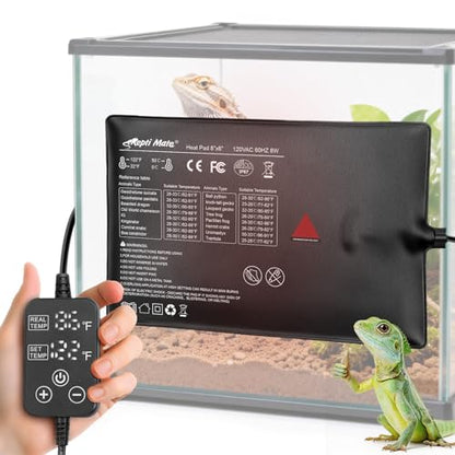 Reptile Heating Pad with Internal Sensor&Thermostat, 8" x 6" 8W Under Tank Heater Mat for 10-20 Gallon Tanks, IP67 Waterproof Safe Heat for Turtles, Bearded Dragons, Snakes, Lizards and Seedling - size: 6”x 8” (8W)