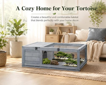 Wooden Tortoise Enclosure with Hideaway, Mesh Top and Clear Panels, Gray, 35.75" x 23.75" x 12.5", Indoor & Outdoor