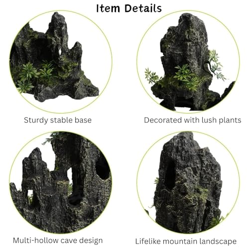 Saim Large Aquarium Mountain View Stone 11.02" Tall Resin Cave Ornament – Betta Hideout with Artificial Plants, for Cichlids Goldfish, Multi-Cave Aquascape Fish Tank Accessories