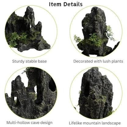 Saim Large Aquarium Mountain View Stone 11.02" Tall Resin Cave Ornament – Betta Hideout with Artificial Plants, for Cichlids Goldfish, Multi-Cave Aquascape Fish Tank Accessories
