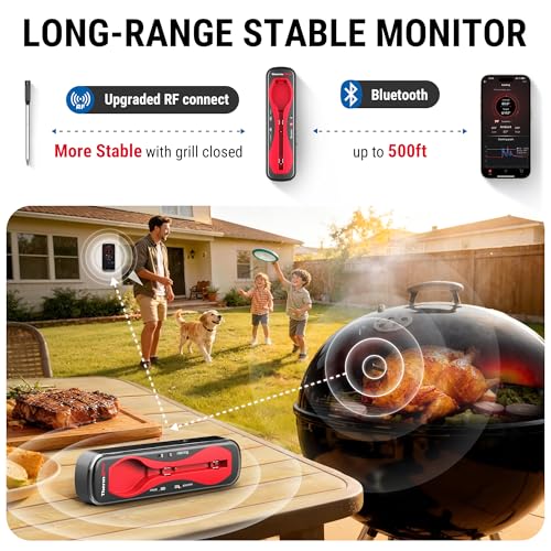 ThermoPro Wireless Meat Thermometer for Grilling and Smoking, Bluetooth Meat Thermometer Digital Wireless for Rotisserie Sous Vide BBQ, Smoker Thermometer, Red, Gift for Dad Him Husband - color: Dark Red