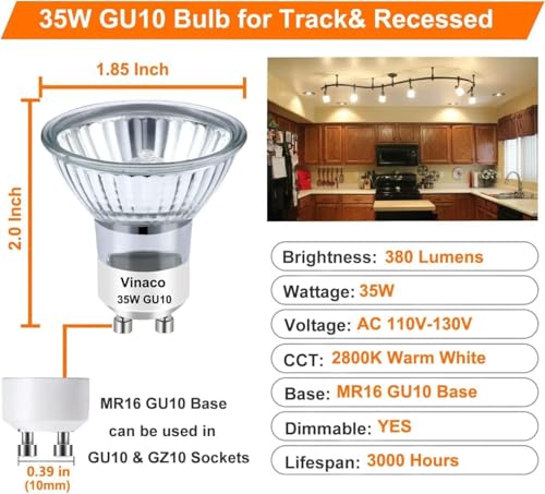 Vinaco GU10 Bulb, 6 Pack Halogen 120V 35W, Dimmable, MR16 GU10 Light Bulb with Long Lasting Lifespan, gu10+c for Track&Recessed Lighting, Gu10 Base Bulb, 35W MR16/FL/GU10, Warm White - style: 35W - 6 Pack