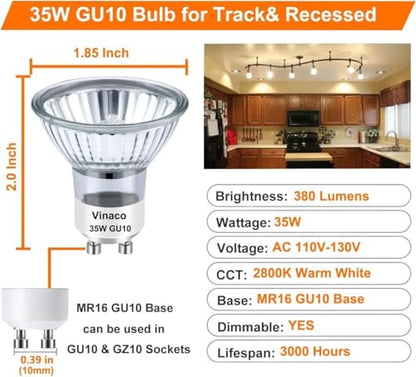 Vinaco GU10 Bulb, 6 Pack Halogen 120V 35W, Dimmable, MR16 GU10 Light Bulb with Long Lasting Lifespan, gu10+c for Track&Recessed Lighting, Gu10 Base Bulb, 35W MR16/FL/GU10, Warm White - style: 35W - 6 Pack