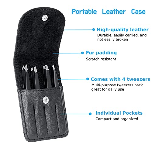 Rikans Precision Tweezers Set – Pack of 4 Black Professional Tweezers – Handy Carry Pouch – Superior Stainless Steel Tweezer Set – Splinters, Eyebrows, Facial or Ingrown Hair – Blackheads Remover