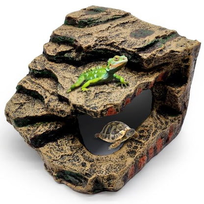 GOZILLA Reptile Accessories for Tank, Basking Platform Hideout, Bearded Dragon Hide and Cave Decor for Turtle,Snake and Lizard.(Brown Cave-L)