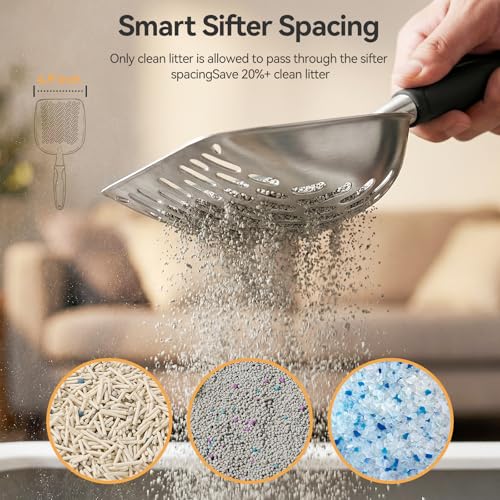 Cat Litter Scoop, Large Long Handle Kitty Metal Scooper, Heavy Duty Aluminum Deep Sifter, Ergonomic Non-Slip Grip, Rustproof Durable Poop Cleaner for Cat Litter Box - color: Black, size: Large