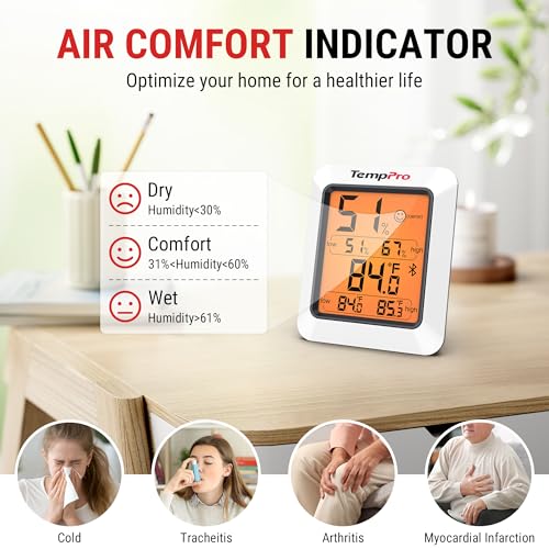 TempPro Hygrometer Thermometer for House, Bluetooth Room Indoor Greenhouse Thermometer Monitor Up to 260FT, Backlit Humidity Meter Temperature Sensor with 2-Year Data Export(Previously ThermoPro) - size: Bluetooth