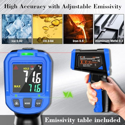 FKM Laser Thermometer Gun -58°F~1112°F(-50°C~600°C),Non Contact Infrared Thermometer Gun for Industrial,Engine,HVAC,Kitchen Cooking,Digital Temperature Gun Adjustable Emissivity,Not for Human - color: Blue