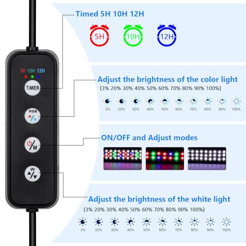 AQQA Full Spectrum Aquarium Light,Fish Tank Lights for Plant Growth Fish Viewing,3 Mode White Blue Red Green LED Beads,Timer,Adjustable Brightness,Extendable Brackets for Freshwater 26W for 32-40inch - size: 26W for 32-40inch