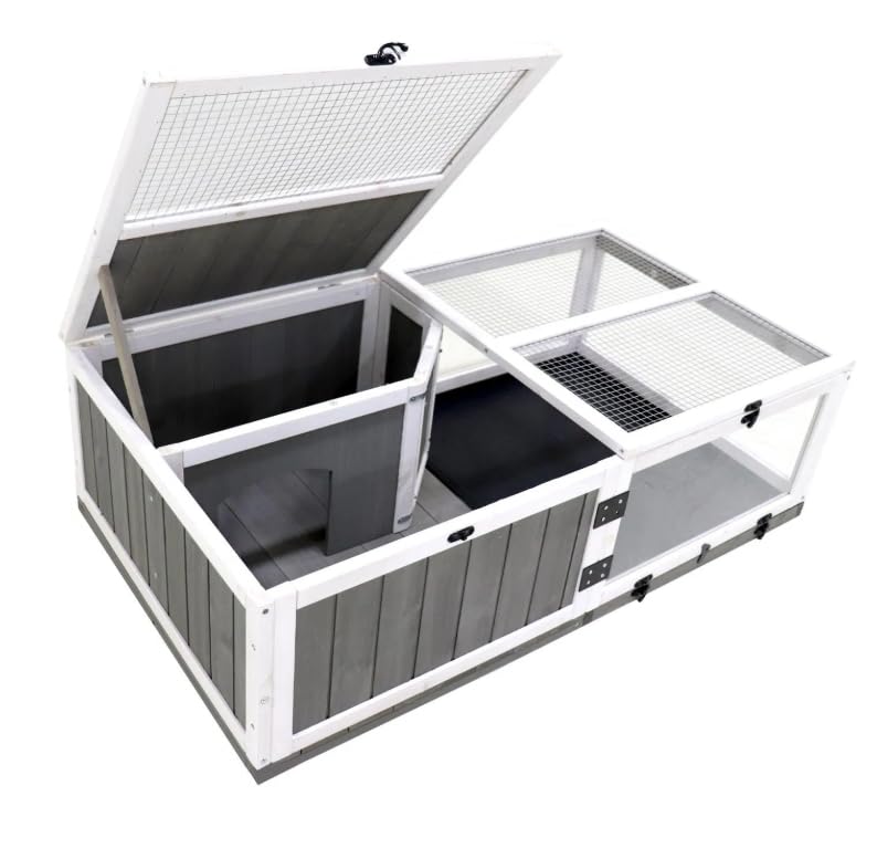 43" Wooden Turtle House with Waterproof Tray, Indoor and Outdoor Reptile Cage, Rest Area and Water Play Area