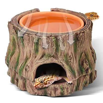 3 in 1 Reptile Hide Cave,Lizard Humid Hideout with Detachable Base and Clay Water Dish,Essential Reptile Terrarium Tank Accessories Decor for Leopard Geckos, Crested Geckos, Snakes, Crabs