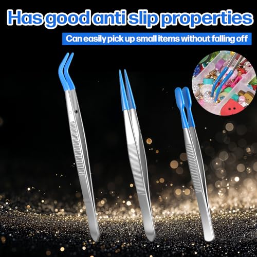 3PCS Rubber Tipped Tweezers, Blue Silicone Craft Tweezers Kit for Jewelry-Making Sticker Stamps, Metal Precision Tweezers for Crafting & Stamp Collecting Supplies