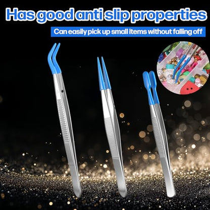 3PCS Rubber Tipped Tweezers, Blue Silicone Craft Tweezers Kit for Jewelry-Making Sticker Stamps, Metal Precision Tweezers for Crafting & Stamp Collecting Supplies