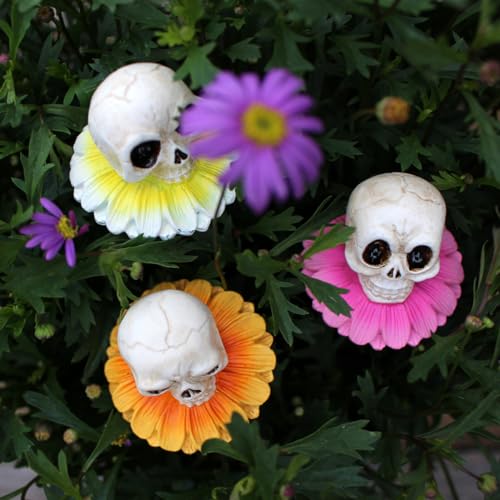 Resin Daisy Flower Skull Head Statue Plant Stakes Set of 3, Skull Garden Plant Accessories, Decorative Plant Picks, Indoor Outdoor Halloween Planter Pot Decorations Bonsai Crafts