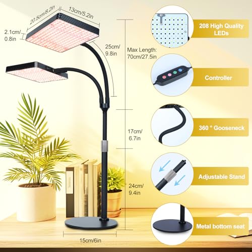 FECiDA 2026 2Head Tabletop Grow Lights for Seed Starting, Indoor Plants, Bonsai, 50 Watt Power Draw, NO Need Adapter, Super Bright and Big Coverage, 4/8/12/16/20 Hr Timer, 16"-24" Height Adjustable - size: TableTop-2Head-50W-Timer