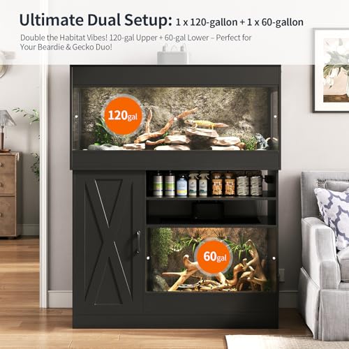 Dual Reptile Tank with Stand 120 Gallon & 60 Gallon Reptile Enclosure Terrarium with Power Outlet for Bearded Dragons Snakes Lizards Chameleon Gecko Tank Sliding Acrylic Doors Mesh CAGE004H - color: Black