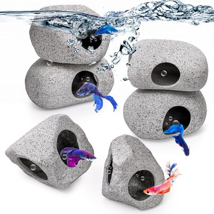 Eorbow 6 Pack Aquarium Decoration Rock Caves, Betta Fish Tank Hideaway, Hideout Stones House Decor for Cichlid Shrimp Territorial Fish Hiding Breeding Spawning, Fish Tank Ornaments