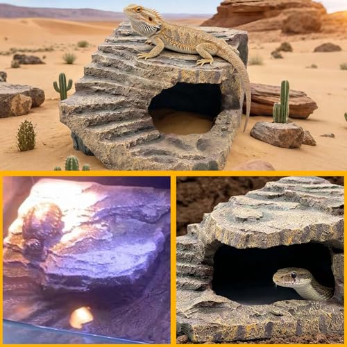 kathson Large Turtles Basking Platform,Resin Reptile Hideouts Cave Habitat Decor,Tortoise Hide Cave with Climbing Ramp Step,Bearded Dragons Hide Basking Rocks Accessories for Lizard,Gecko,Frog