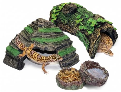 Reptile Starter Kit with Hideouts & Tank Decor - 4-Piece Set for Snakes, Leopard Geckos & Lizards, Reptile & Amphibian Habitat Hideouts with Cave, Log & Food and Water Dishes