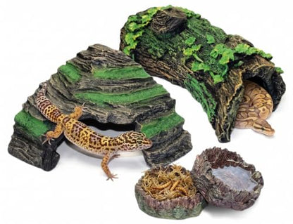 Reptile Starter Kit with Hideouts & Tank Decor - 4-Piece Set for Snakes, Leopard Geckos & Lizards, Reptile & Amphibian Habitat Hideouts with Cave, Log & Food and Water Dishes