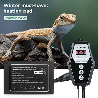 Tikaton Reptile Heating Pad and Digital Thermostat Combo Set, Under Tank Heater for 10-20gal/30-40gal Tank, Terrarium Heat Mat for Turtle/Snake/Lizard/Frog/Spider/Plant Box - size: 1 Pack-18.5" X 8.5"