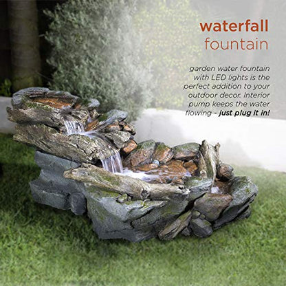 Alpine Corporation | 60"L Outdoor 3-Tier Rainforest Rock River Hand-Painted Water Fountain with LED Lights — Garden, Patio & Yard Décor - style: 60" L - 3-Tier w/ LED's
