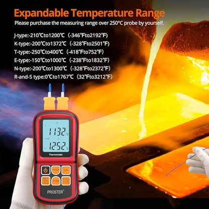 Proster Digital Thermocouple Temperature Thermometer Dual Channel - with Two K-Type Thermocouple Probe, Backlight LCD Thermometer for K J T E R S N Type