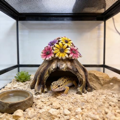 Humid Hide for Leopard Gecko – Resin Reptile Hide with Artificial Flowers, Tree Stump Cave for Crested Gecko Corn Snake Juvenile King Snake, Terrarium Decor Accessory (7.3"x6.7"x5.5")