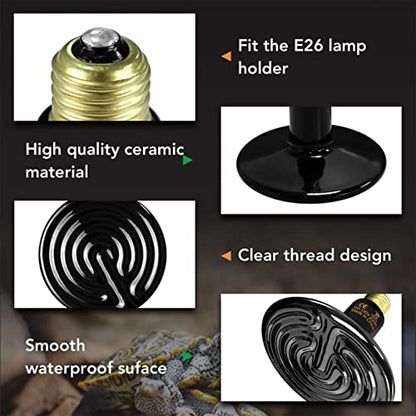 Simple Deluxe Reptile Heat Lamp Bulb Ceramic Heat Emitter 40W/60W/100W/150W/250W, No Light Emitting Brooder Coop Heater for Amphibian Pet & Incubating Chicken Black (Pack of 3) - size: 250W (Pack of 3)