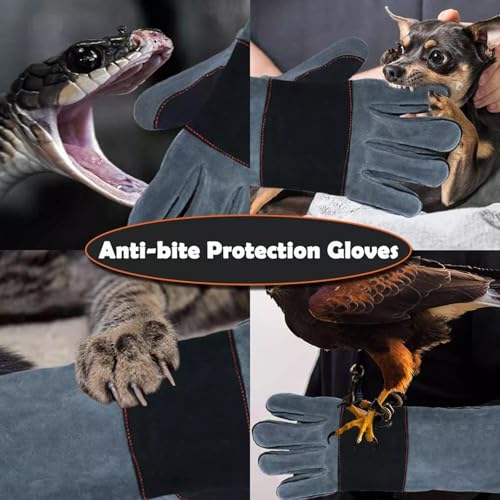 Animal Handling Gloves - 16in, Snake Bite Proof Sleeve with Double Leather Reinforced Padding, Scratch & Bite Resistance Hand Protection Cover for Falconry, Reptile Grabbing, Welding