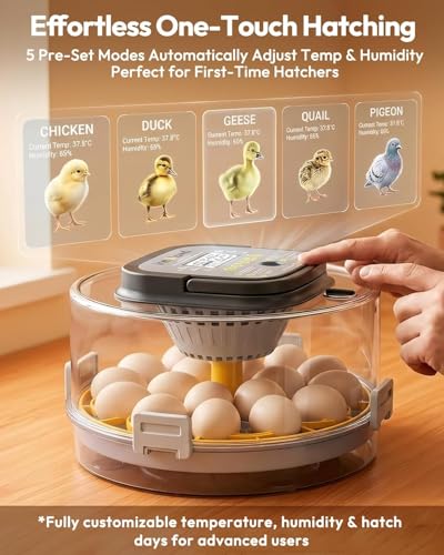 Egg Incubator for Hatching Eggs, 18 Egg Incubator with Automatic Egg Turning and Humidity Temperature Control, Egg Candler, Chicken Incubator for Ducks/Quail/Goose/Pigeon, 360° View with Clear Window