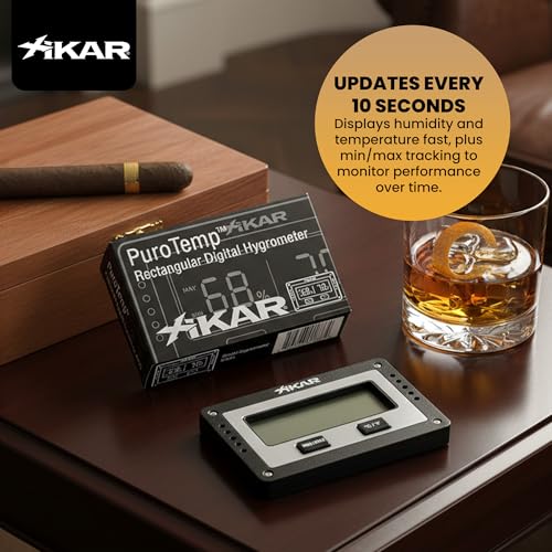 XIKAR PuroTemp Rectangular Digital Hygrometer – Digital Thermometer with Humidity Sensor – Temp and Humidity Monitor for Humidor, Easy to Calibrate, Fast Refresh Readings, Lightweight – Black