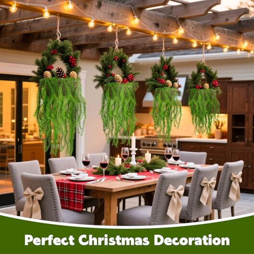RAINFLOW 2PCS Christmas Fake Hanging Plants 36" Uv Resistant Artificial Pine Needle Hanging Vines, Fake Ivy Vines for Wall Shelf Patio Front Porch Christmas Decor(Basket and Berries Not Included)