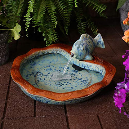 Sunnydaze Glazed Ceramic Fish 7-Inch Outdoor Garden Fountain - Outdoor Tabletop Fountain for Patio, Deck, Garden - Aqua and Brown