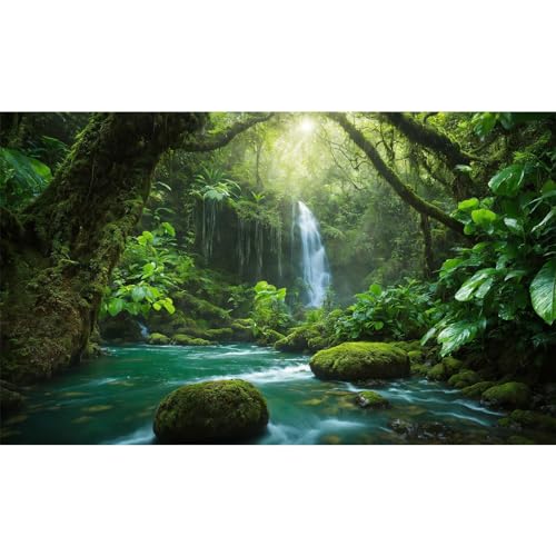 Waterfall Aquarium Background River Deep in Mountain Forest Terrarium Backgrounds Rainforest Jungle Plants Style Nature Landscape Fish Tank Background Deep Forest Reptile Tank Backgrounds 48x24in - color: Dense Green, size: 48(W)x24(H)inches/ 120(W)*60cm(