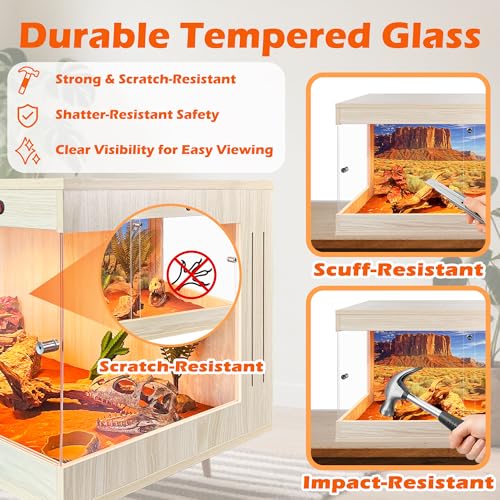 ROYXEN Reptile Tank, 30 Gallons Reptile Enclosure with Lockable Design, Tempered Glass Bearded Dragon Tank for Lizard Habitat, Soild Wood Built-in Sockets (Oak, 24"x16"x15.5") - color: Oak, size: 24"x16"x15.5"